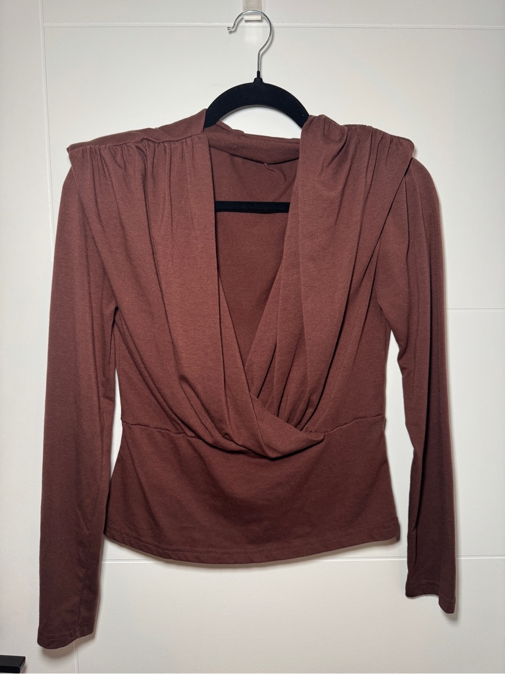 SHEIN Rust Brown Draped V-Neck Long Sleeve Top